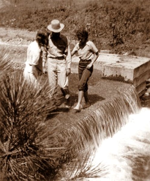 Ewalee, Roland, and Avis on a water race, Ruidoso, 1941